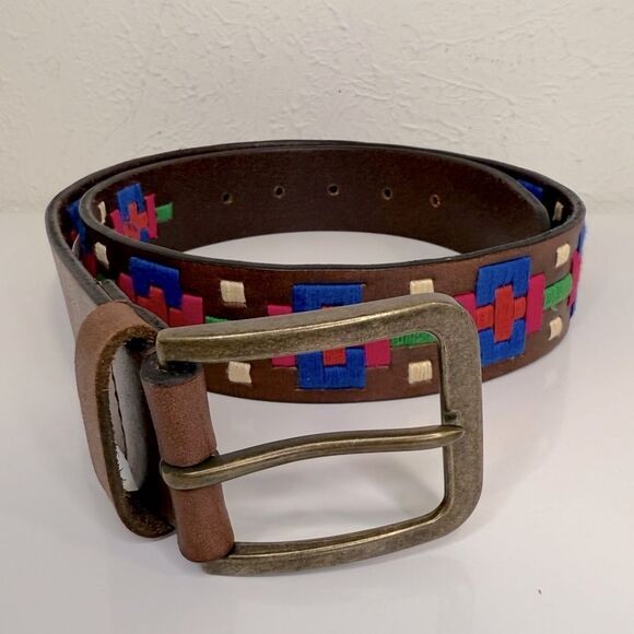 Free People High Summer Brown Leather Belt Multicolor Embroidered Bohemian Sz 32 - Picture 2 of 11